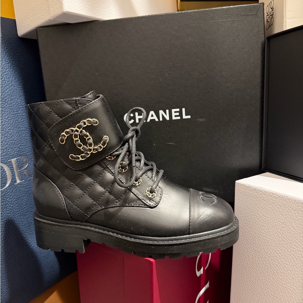 Designer like Chanel Black Quilted Leather Combat Boots